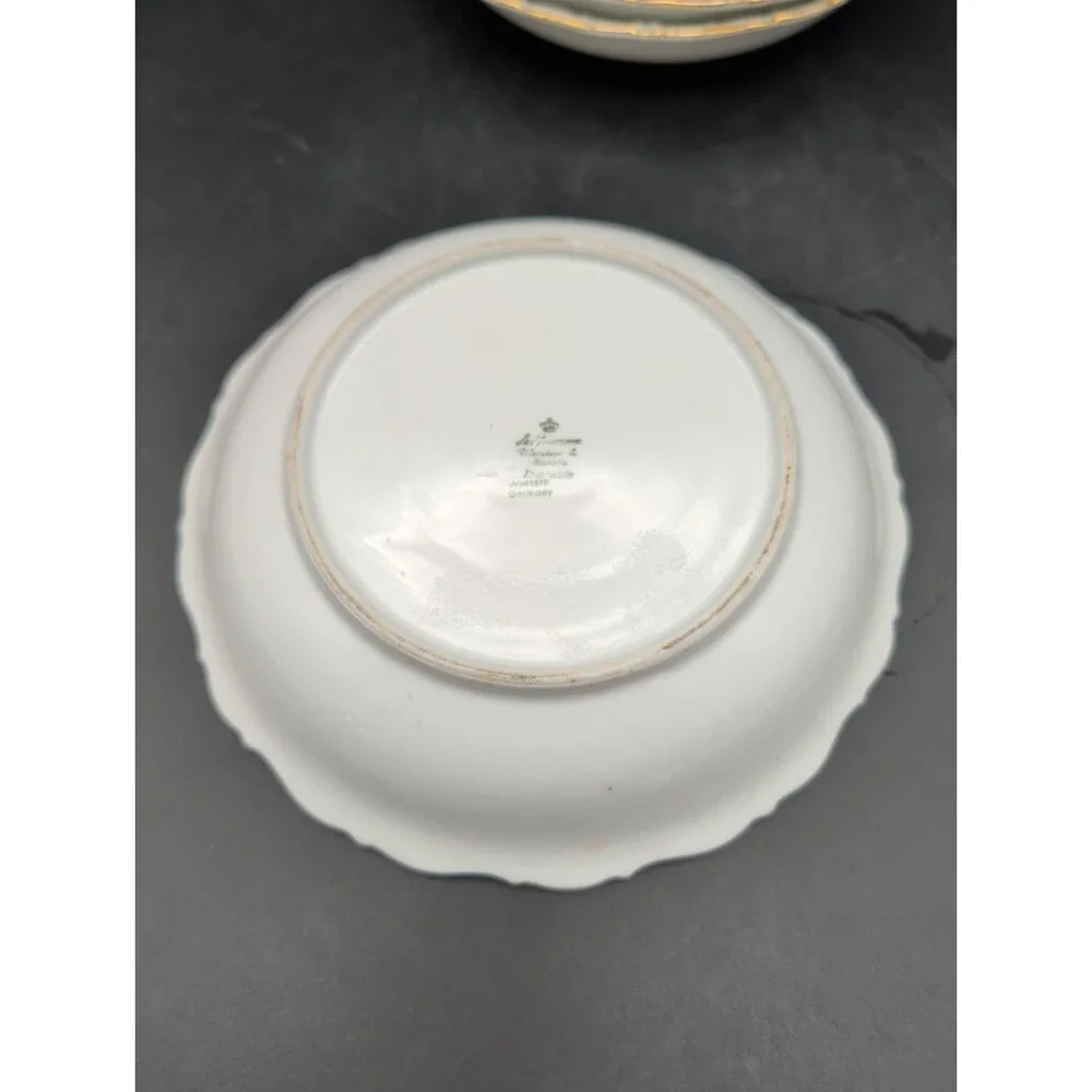 5 Vtg Seltmann Weiden Theresia Shallow Serving Bowls Green Floral Gold Bavaria